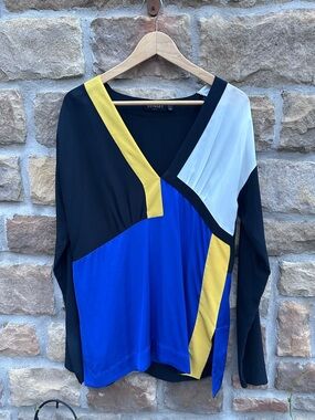 Vionnet Colorblock V-Neck Long Sleeve Top — Blue, Black, Yellow, White, silk